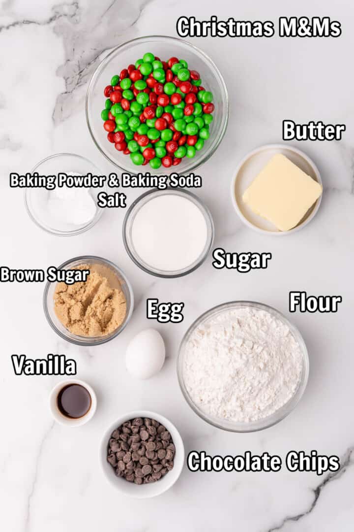 ingredients for Christmas M&M Cookies.
