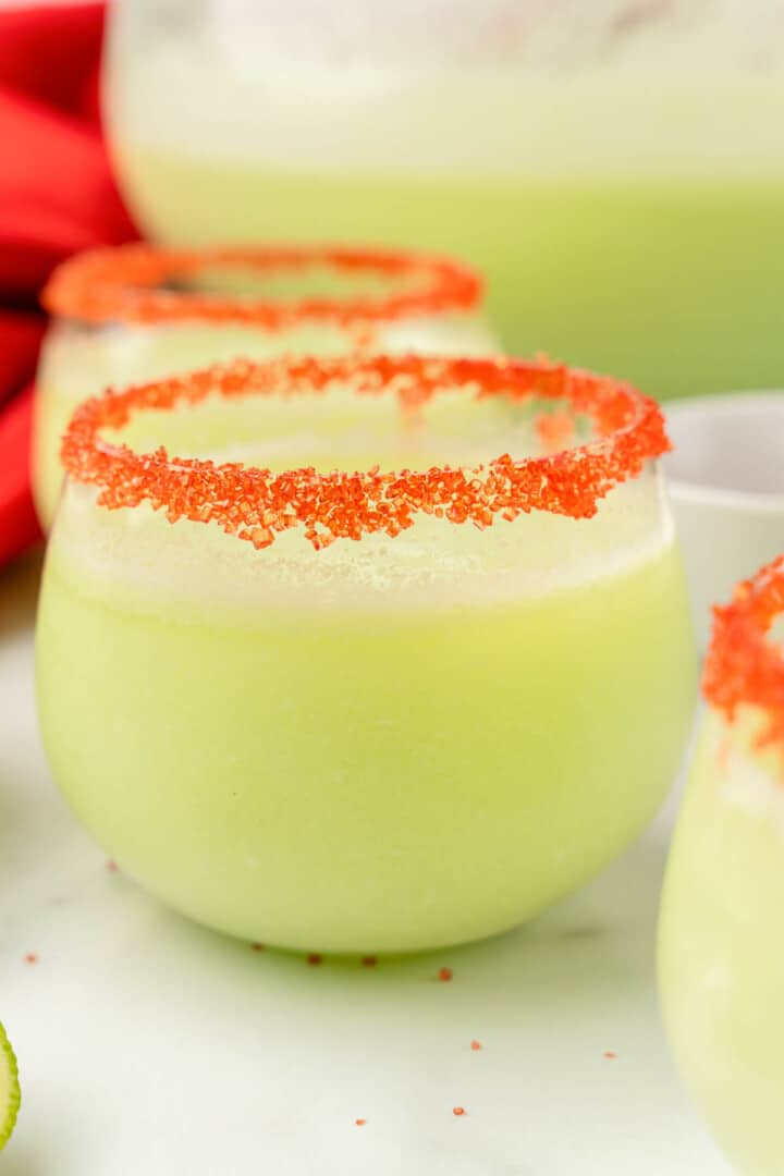 closeup of Grinch Punch with sugar rim.