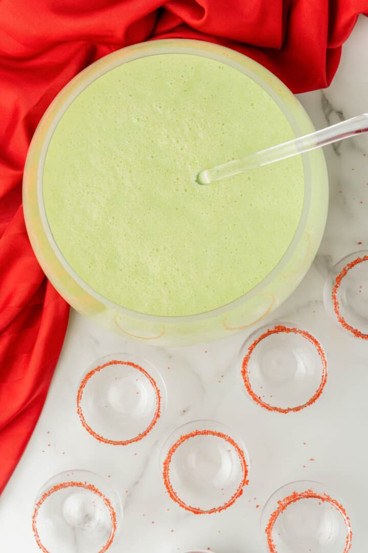 topview of Grinch punch in large punch bowl.