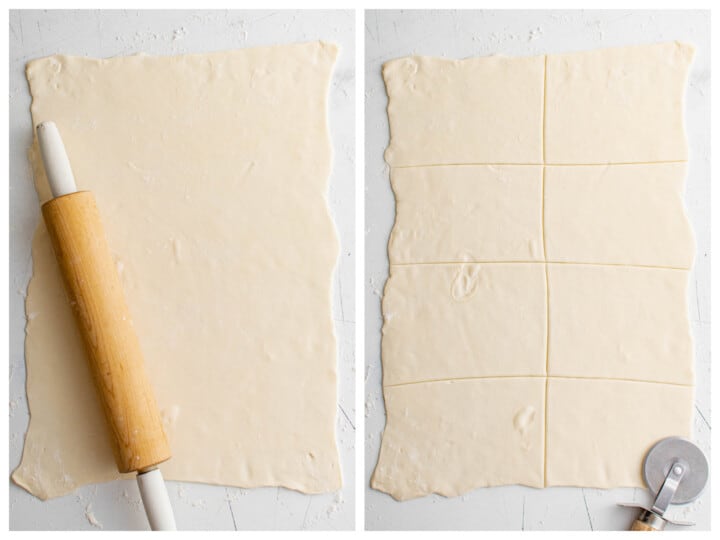 rolling out and slicing the puff pastry dough.