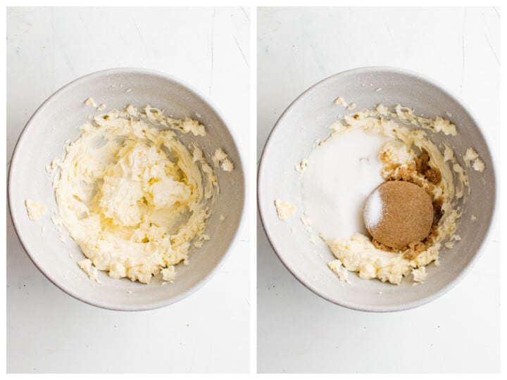mixing together the sugars and butter for the cookie dough.