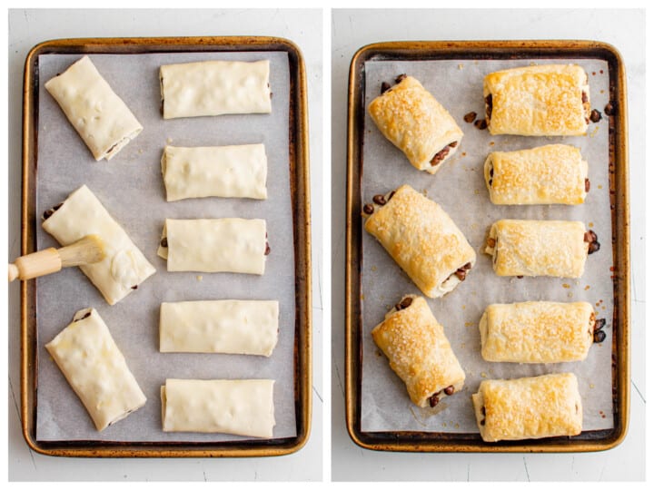 buttering the pastries and then showing them baked.