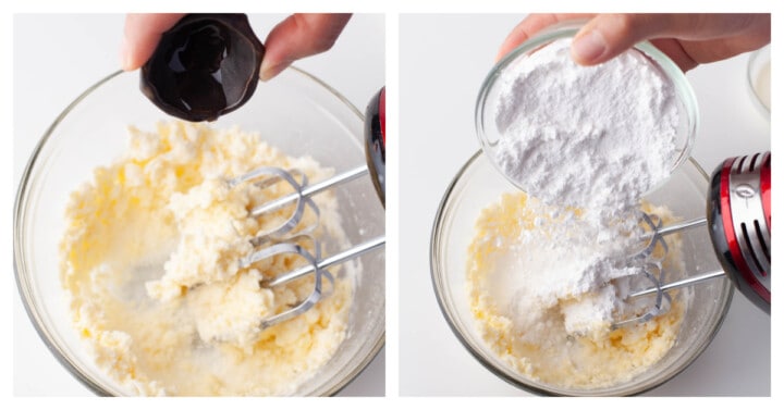 adding the peppermint extract and powdered sugar to the frosting.