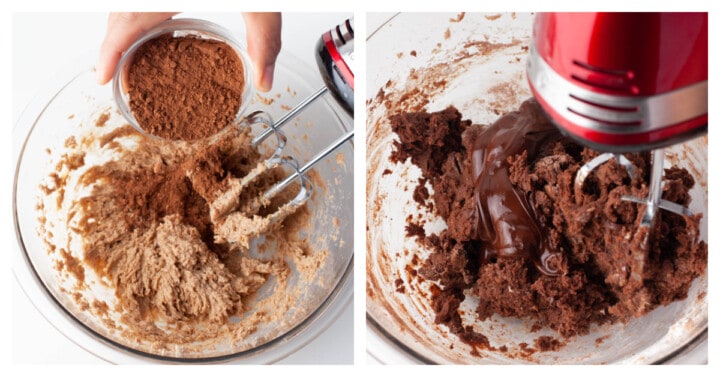 adding the chocolate to the cookie dough and mixing it in.
