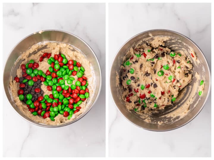 adding the chocolate chips and the M&Ms to the cookie dough.