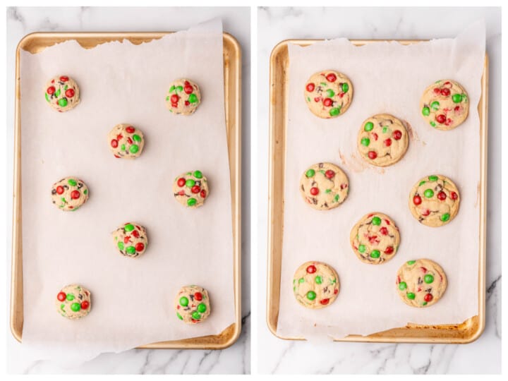 cookie dough balls on baking sheet.