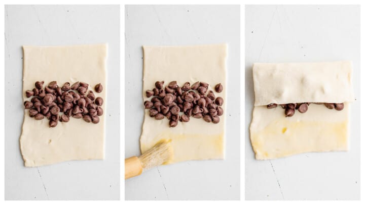 adding chocolate chips to the dough and buttering the edge.