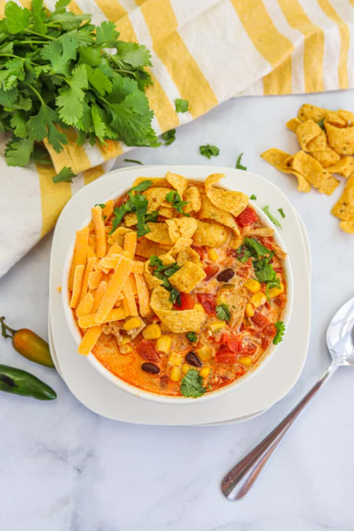 top view of chicken tortilla soup.