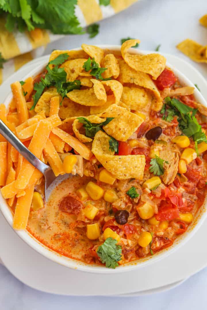 closeup of chicken tortilla soup with spoon in bowl.