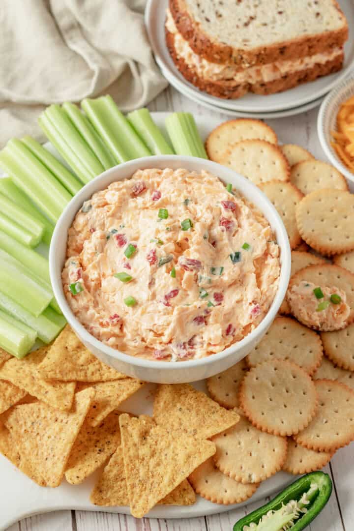 pimento cheese dip in white bowl.