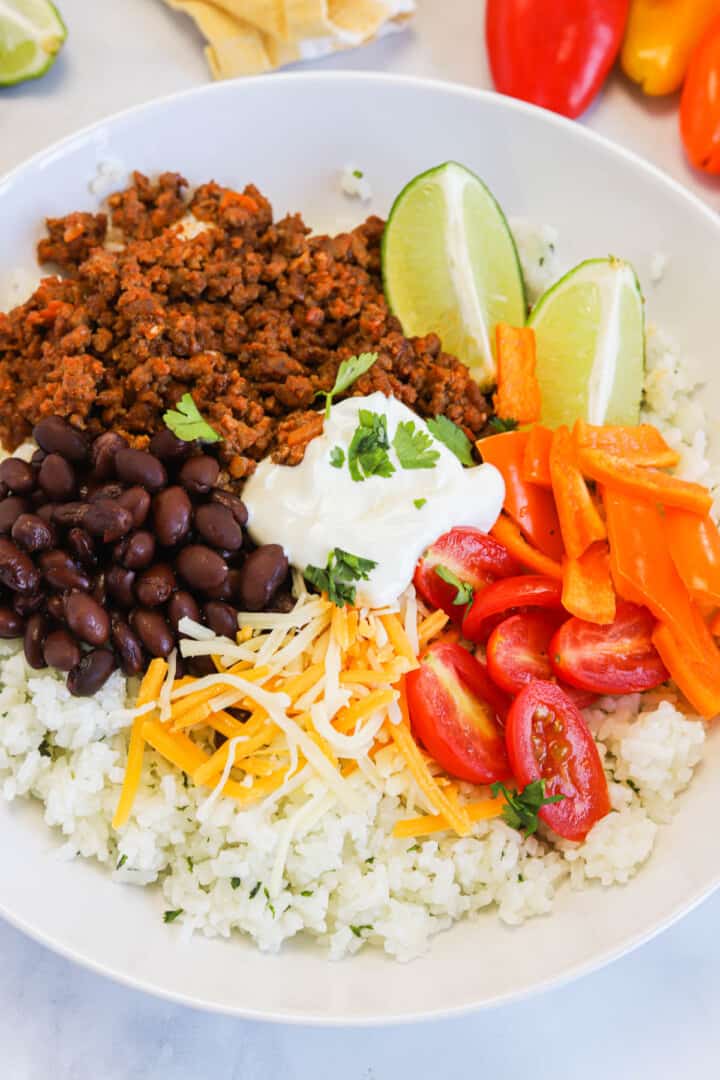 Taco Bowl in a white bowl filled with the toppings.