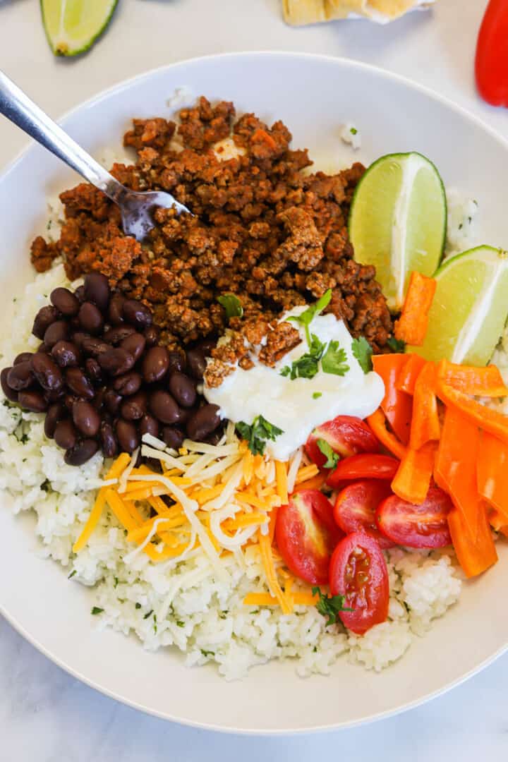 closeup of taco bowl with all the toppings.