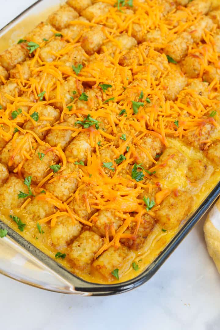 tater tot casserole in casserole dish baked.