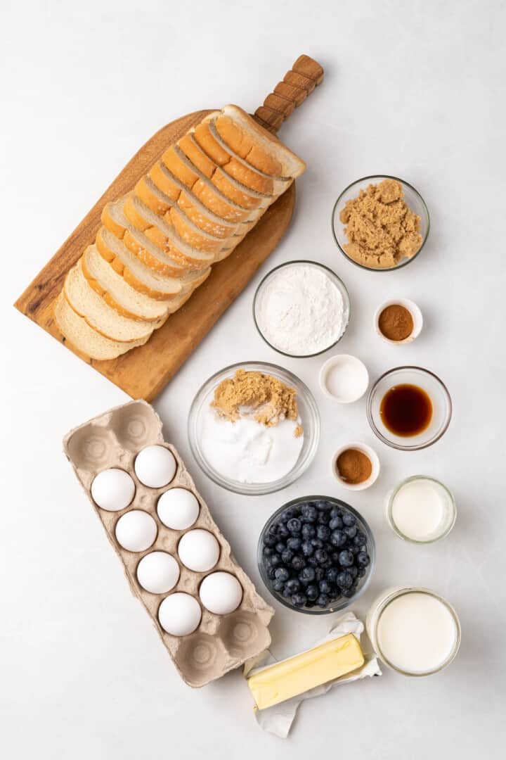 ingredients for blueberry French toast casserole.