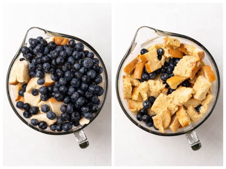 mixing the bread and blueberries together.