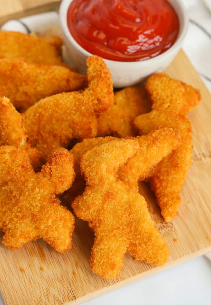 closeup of air fryer dino nuggets.