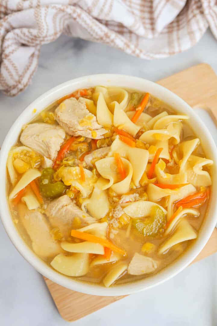 Chicken Corn Soup in large white bowl.