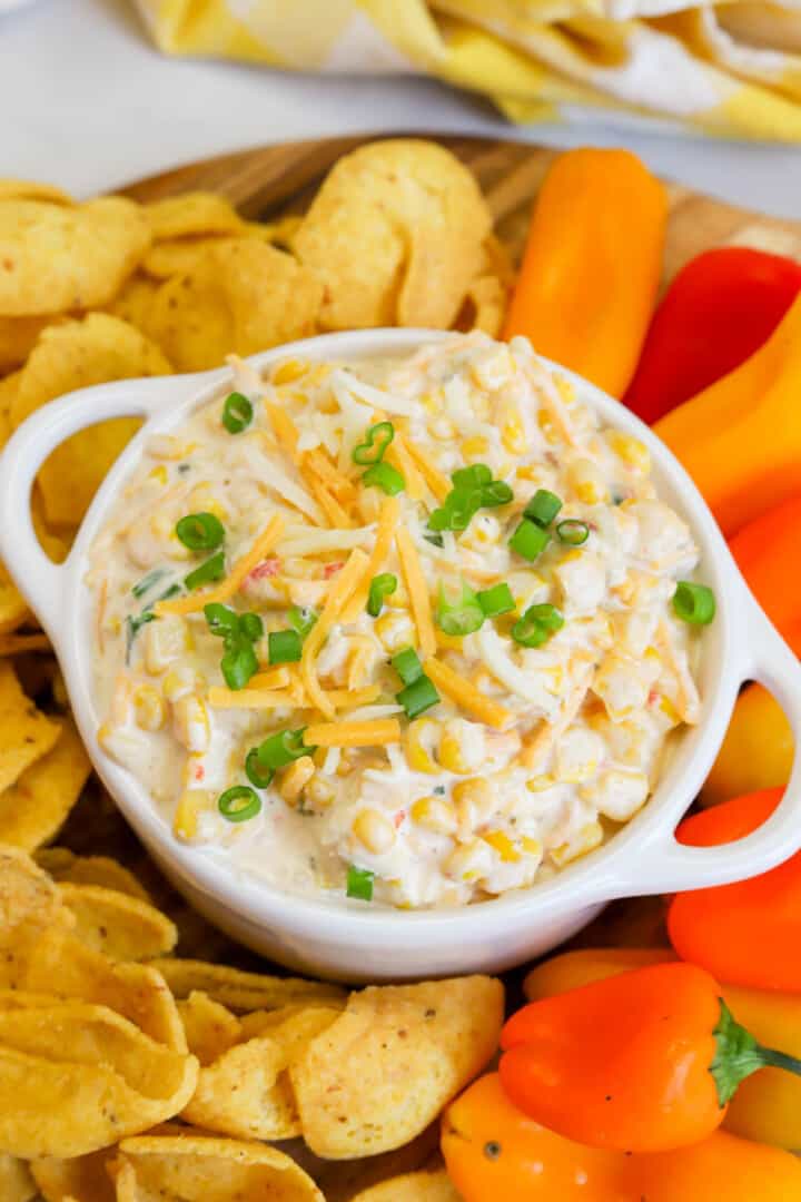 Crack Corn Dip in white serving bowl.