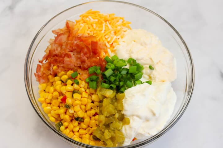 all ingredients in large clear mixing bowl.