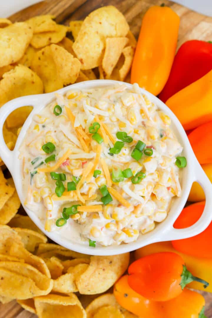 top view of crack corn dip in white bowl.