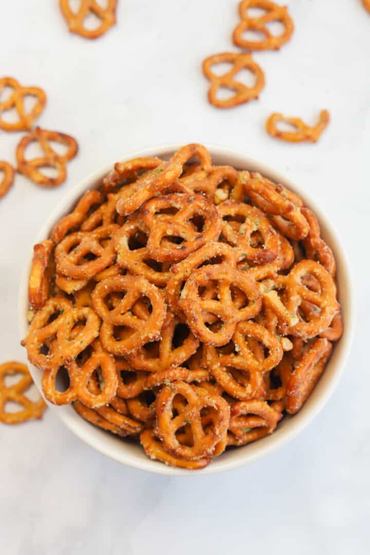 large bowl of crack pretzels.