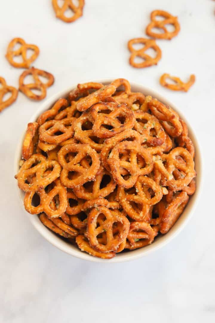 Crack Pretzels in large white bowl.