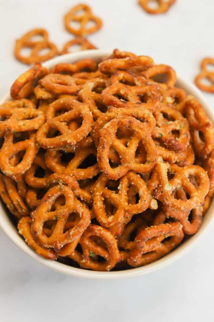 closeup on crack pretzels.