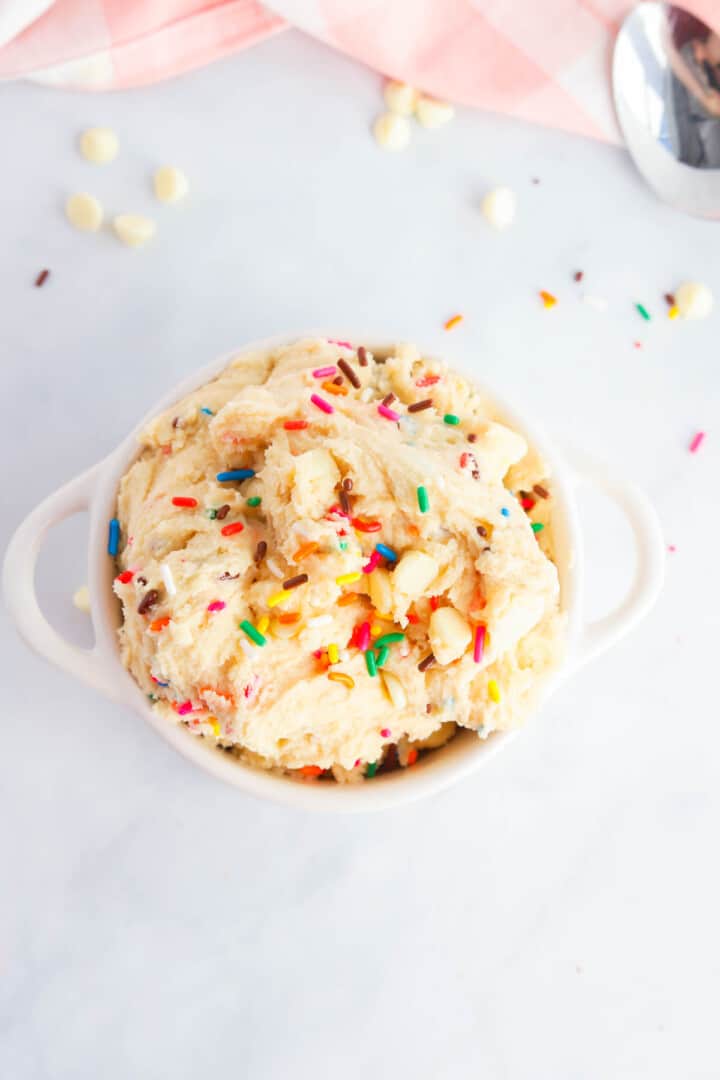 edible cake batter in a bowl top down view.