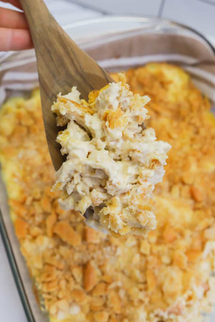 rotisserie chicken casserole on wooden serving spoon closeup.