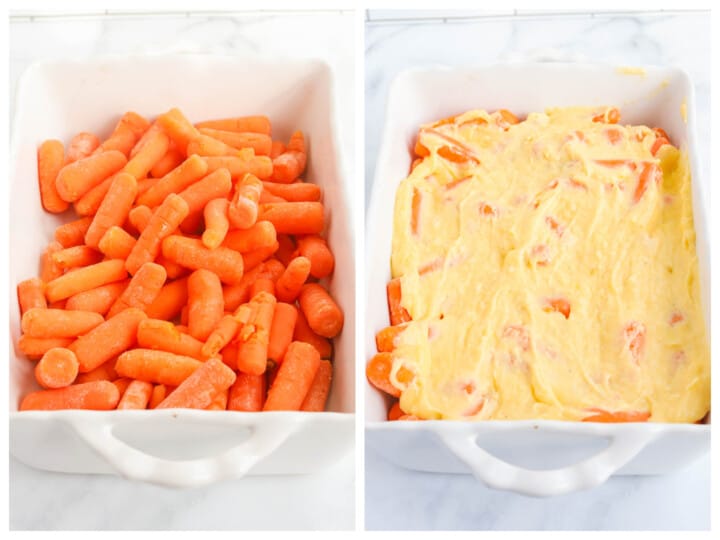 putting the carrots in the casserole dish and topping with cheese sauce.
