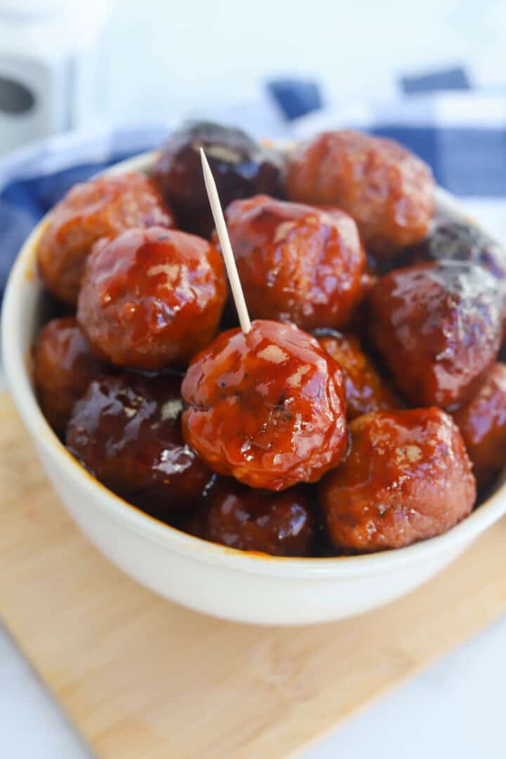 BBQ Meatballs in white serving bowl.