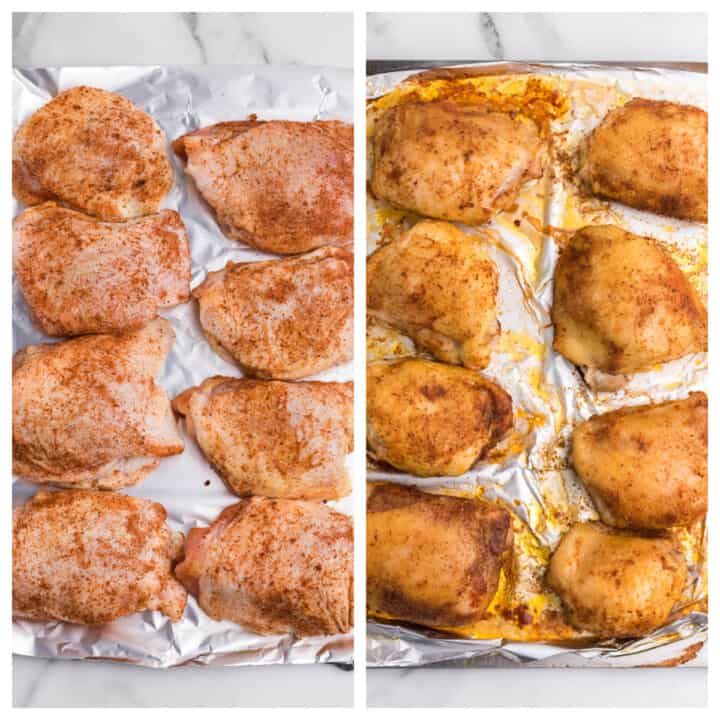seasoned chicken thighs on baking sheet.