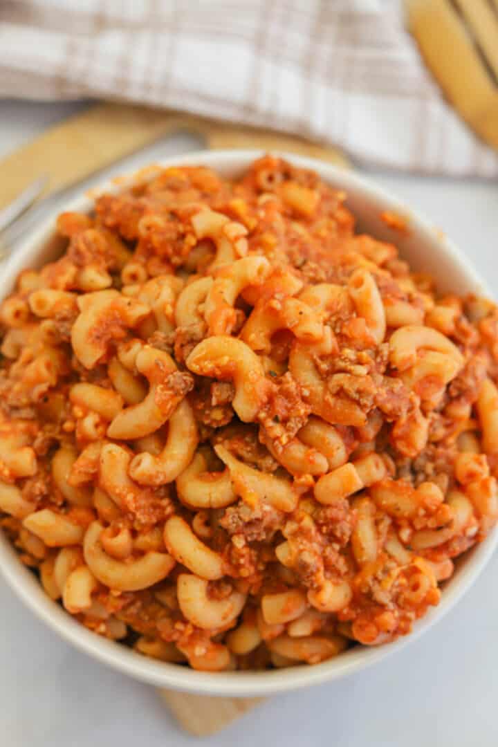 homemade Beefaroni in white bowl.