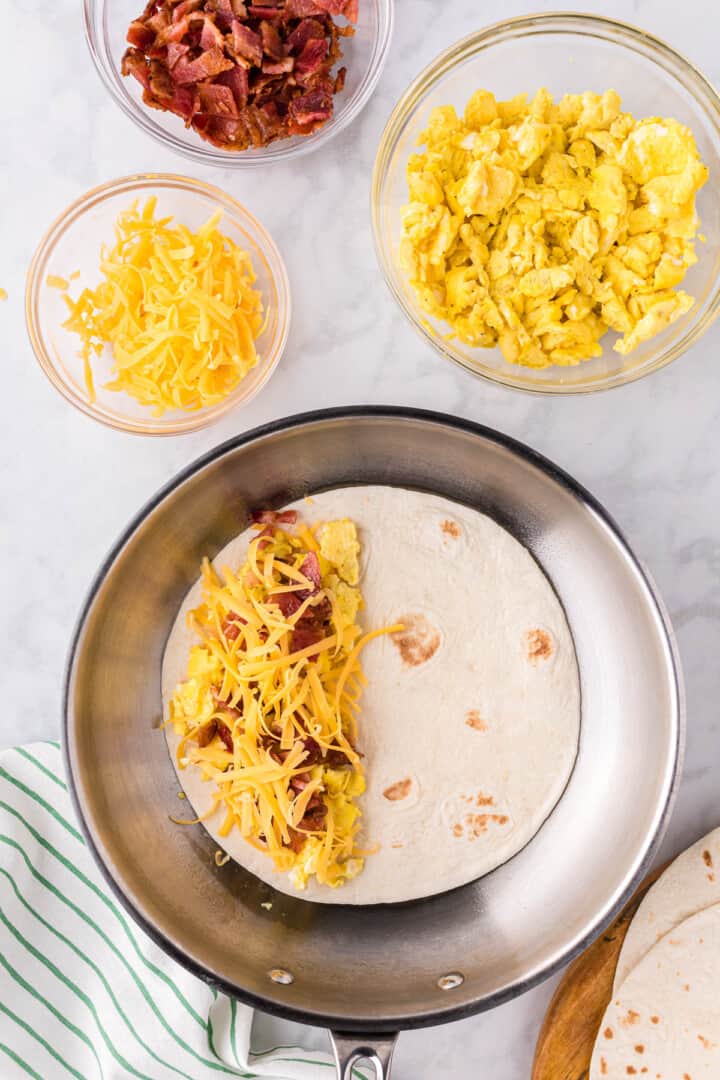 breakfast quesadillas ingredients and in skillet.