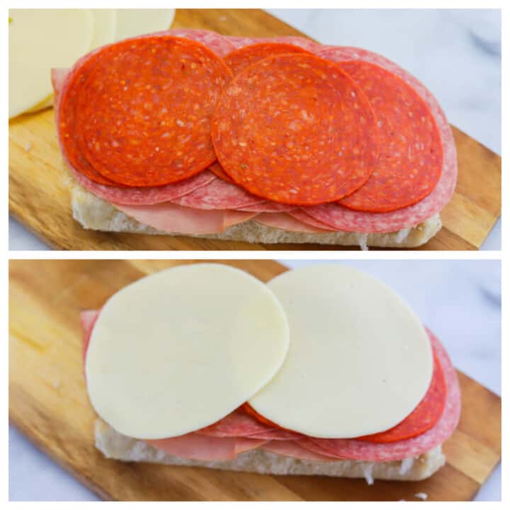 layering the meat and cheese for the grinder.