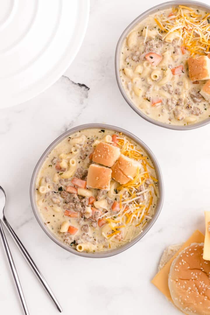 two bowls of cheeseburger soup.