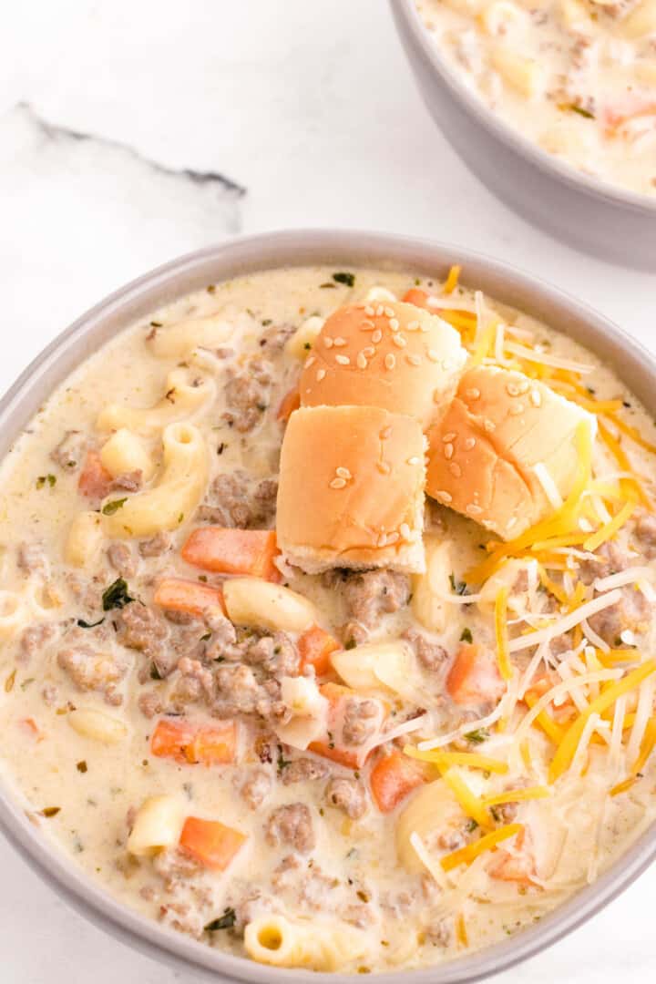 closeup of cheeseburger soup in a bowl.