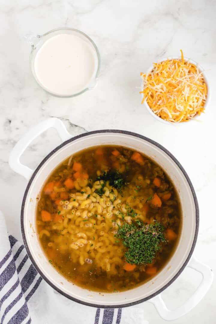 all ingredients for the soup in large pot with cheese and cream on the side.