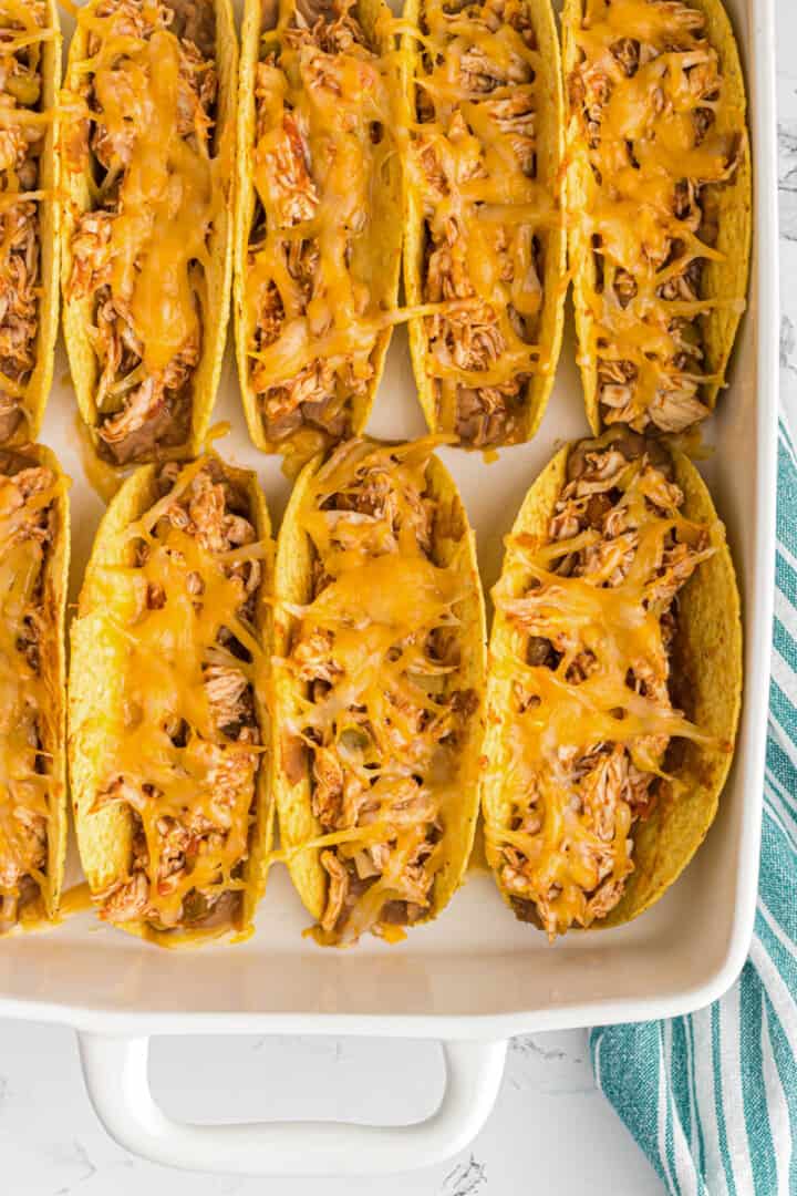 baked chicken tacos in the casserole dish.