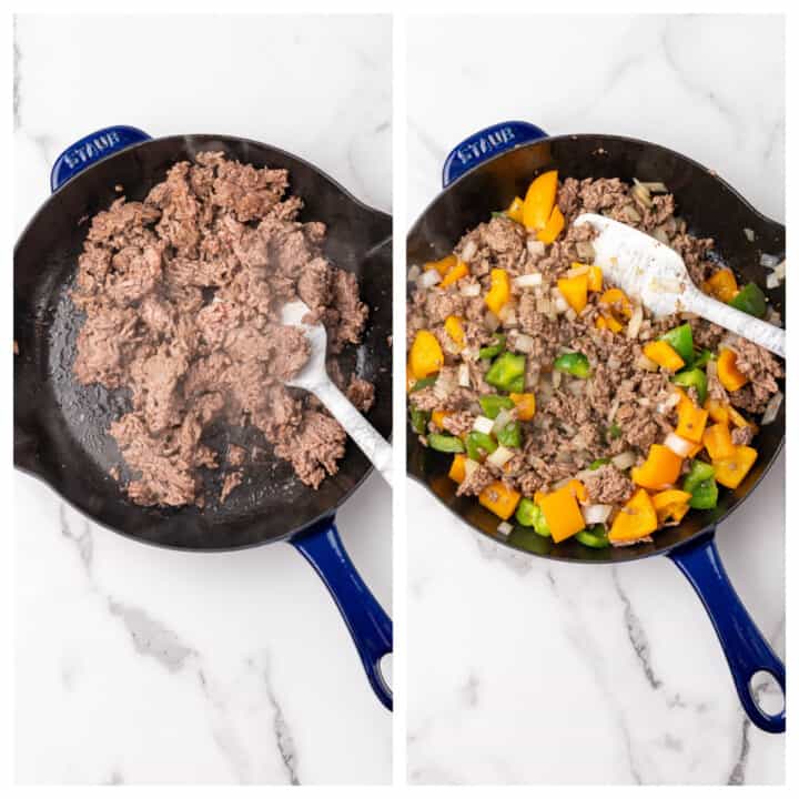 cooking the ground beef and the onions and peppers in a skillet.