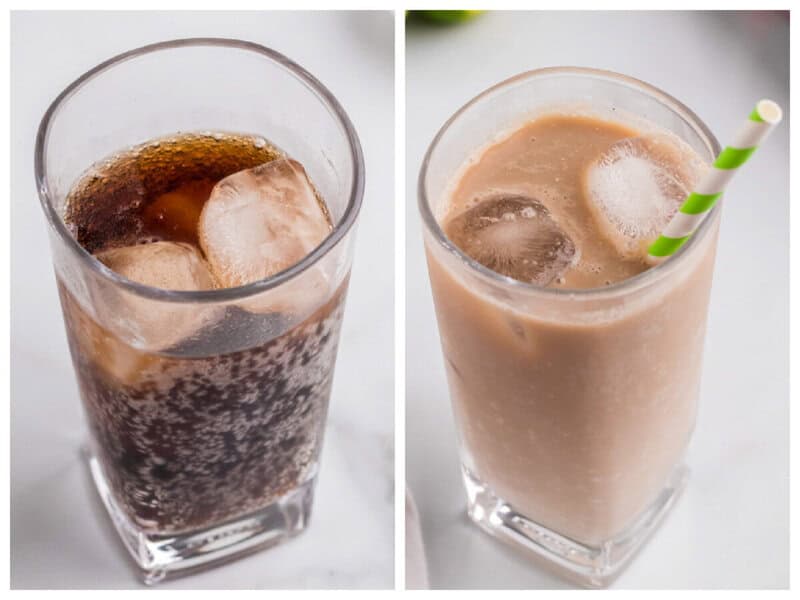 side by side photo of coke in the class then with cream inside.
