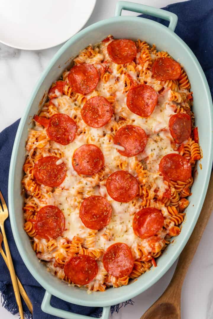 Pepperoni Pizza Casserole in large casserole dish.