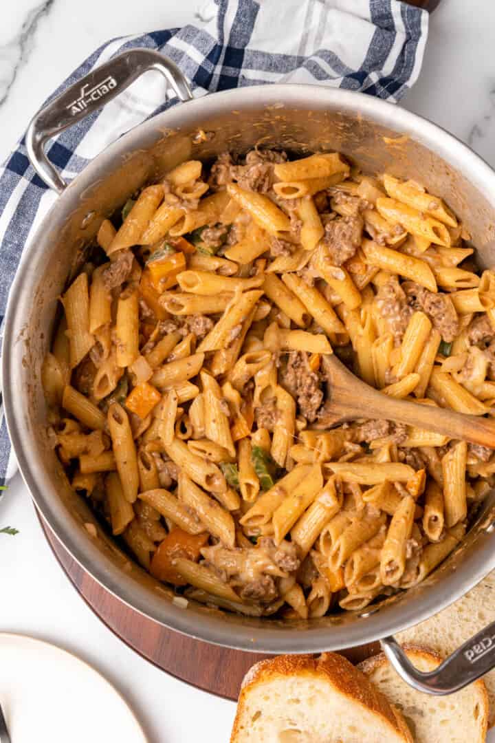 Philly Cheesesteak Pasta in large pot ready to serve.