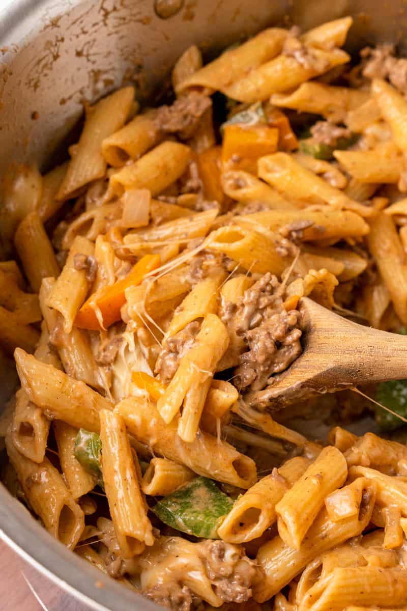 closeup of Philly Cheesesteak Pasta in pot.