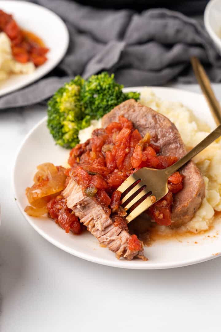 Swiss steak on white plate.