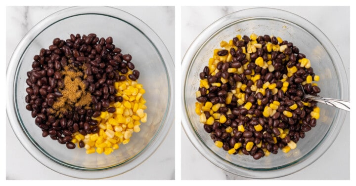 beans and corn mixed in a bowl with seasonings.