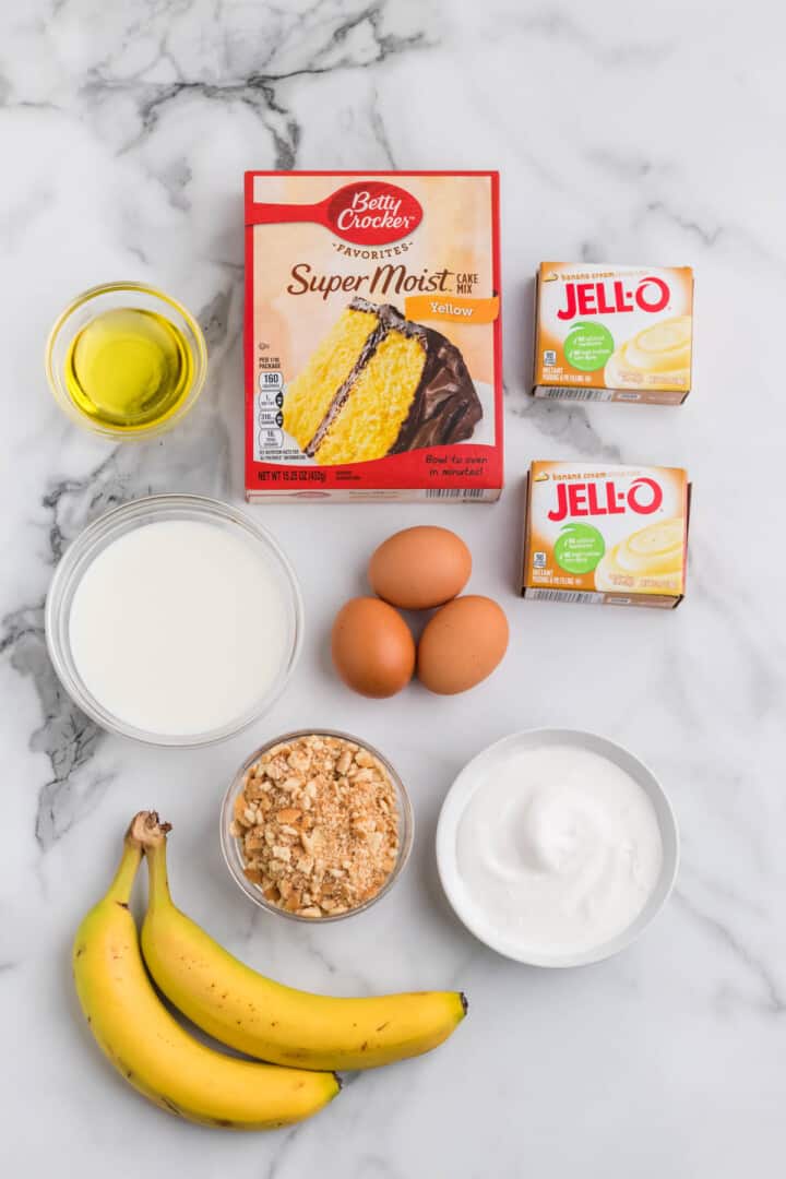 ingredients for banana pudding poke cake.