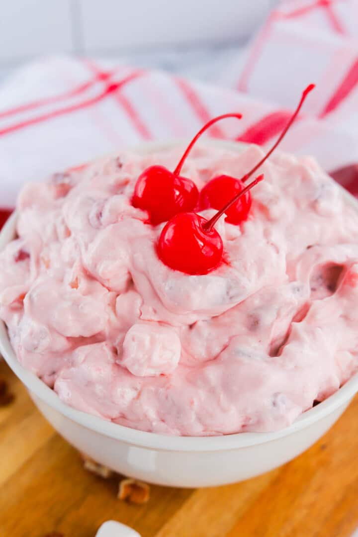 Cherry Fluff in white serving bowl.