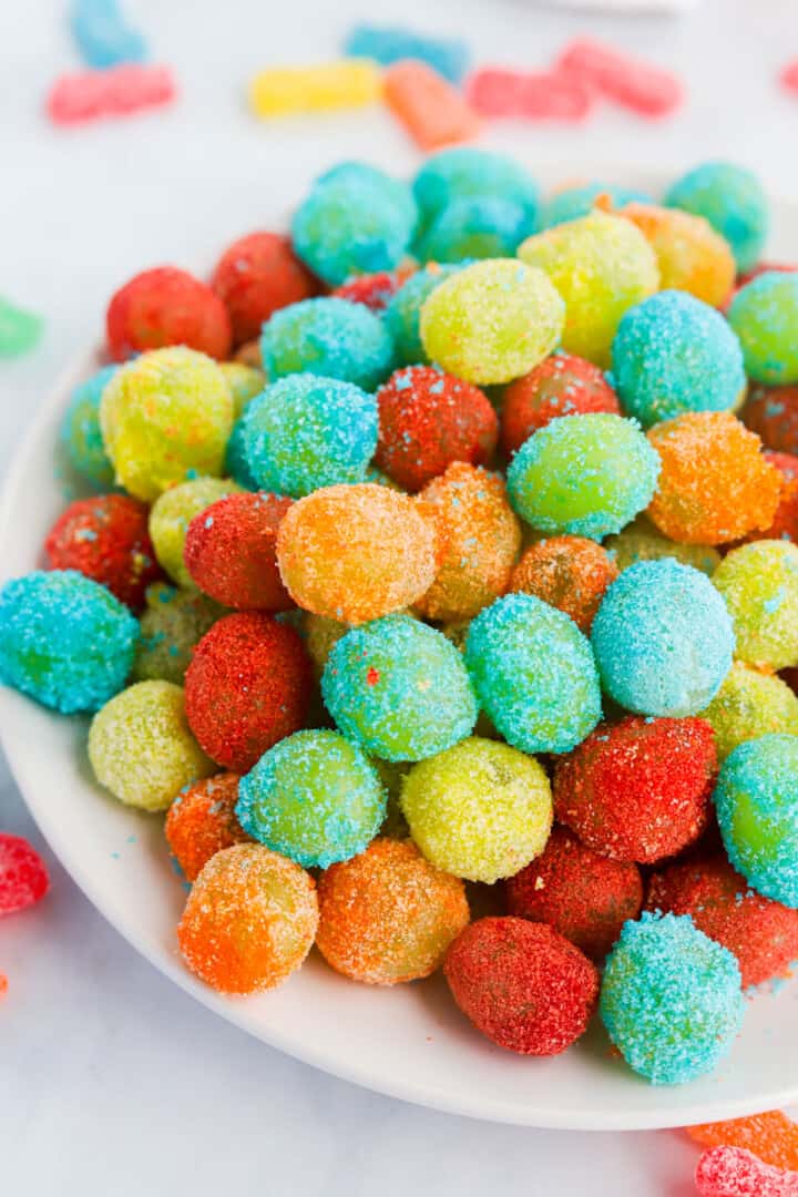 Sour Patch Grapes in white serving bowl.