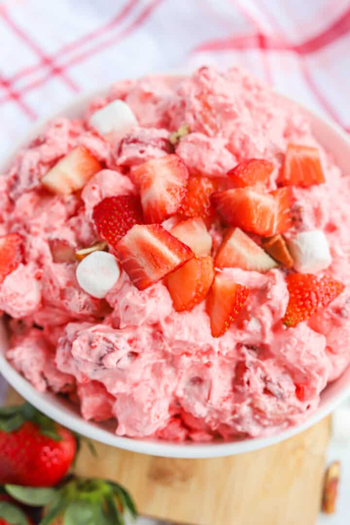 Strawberry Fluff in white serving bowl.